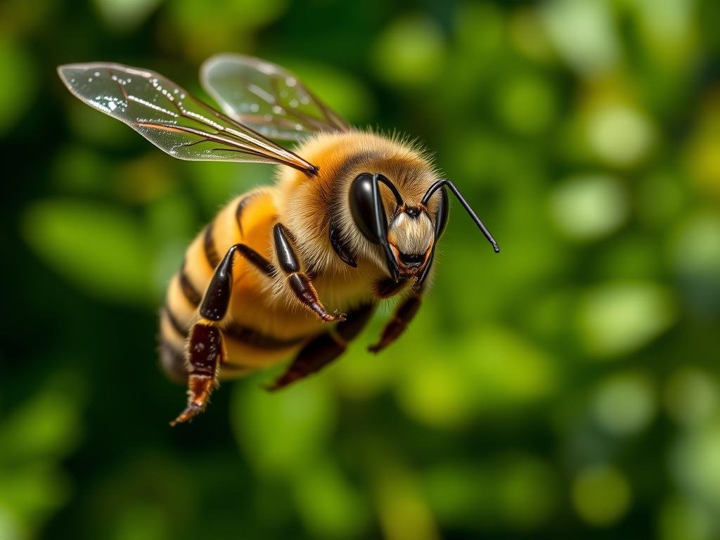 A close-up view of an aggressive honeybee, its compound eyes and proboscis clearly visible, its wings spread wide in an attacking posture. The bee is captured in mid-flight, suspended against a blurred background of lush green foliage, suggesting a natural, outdoor setting. The lighting is harsh and dramatic, casting sharp shadows and highlighting the bee's vivid yellow and black striped abdomen. The image conveys a sense of power and aggression, reflecting the title "Perché Alcune Razze di Api Sono Più Aggressive di Altre?". APICOLTURA BORVEI MIELE A close-up view of an aggressive honeybee, its compound eyes and proboscis clearly visible, its wings spread wide in an attacking posture. The bee is captured in mid-flight, suspended against a blurred background of lush green foliage, suggesting a natural, outdoor setting. The lighting is harsh and dramatic, casting sharp shadows and highlighting the bee's vivid yellow and black striped abdomen. The image conveys a sense of power and aggression, reflecting the title "Perché Alcune Razze di Api Sono Più Aggressive di Altre?". APICOLTURA BORVEI MIELE