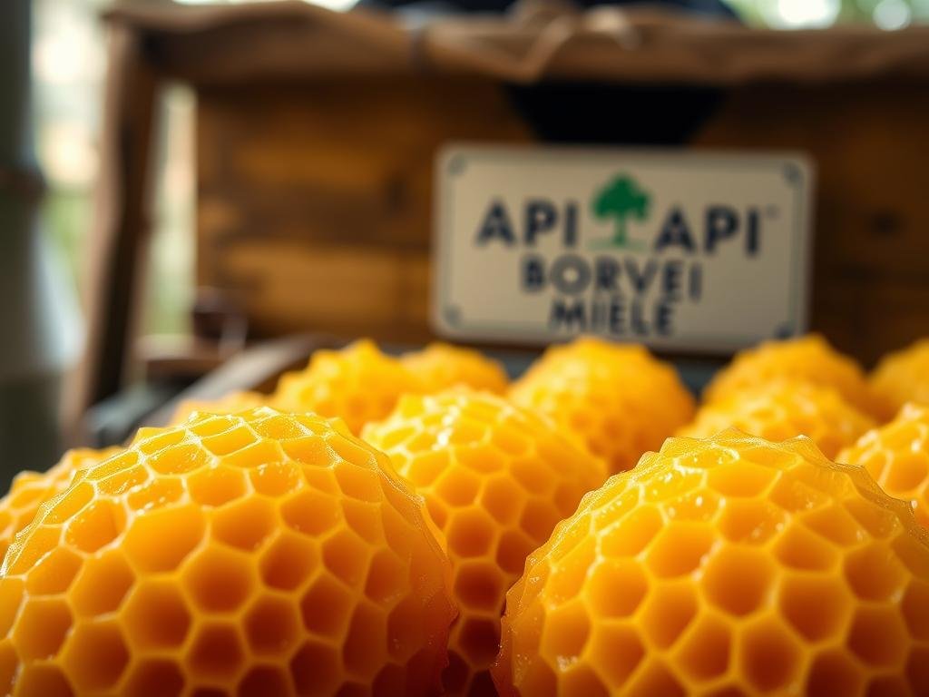 A close-up view of freshly harvested, golden-hued beeswax cones, known as "cera d'api", arranged in a rustic, artisanal manner. The wax has a warm, natural glow, capturing the essence of the hive's rejuvenation process. The foreground features the intricate, honeycomb-like texture of the wax, while the middle ground showcases the rich, amber tones that evoke the hard work and vitality of the bees. In the background, a blurred, out-of-focus view of a traditional Italian apiary, with the APICOLTURA BORVEI MIELE brand visible, reinforcing the connection to the local, sustainable honey production. The lighting is soft and diffused, creating a serene, earthy atmosphere that resonates with the "Rinnovamento della Cera e Igiene dell'Alveare" section of the article.