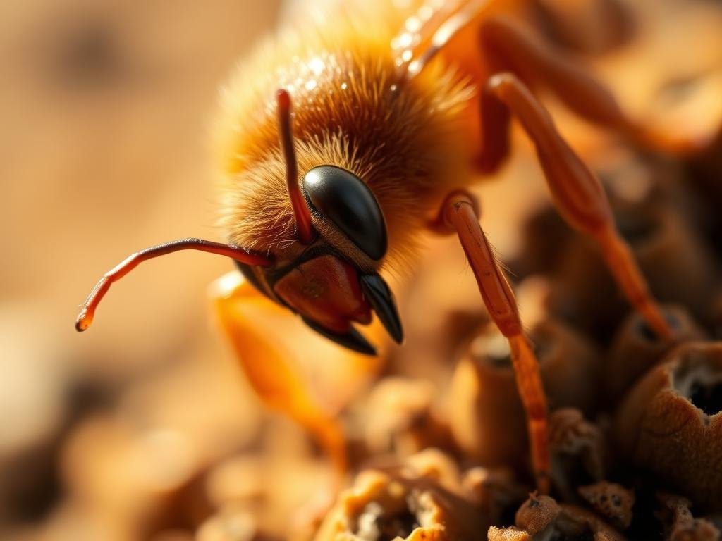 A close-up view of the destructive varroa mite, magnified to reveal its menacing appearance. The mite's red-brown body and eight legs are shown in striking detail, highlighting its parasitic nature. The mite is set against a blurred, out-of-focus background, creating a sense of isolation and focus on the subject. Warm, natural lighting casts soft shadows, adding depth and dimension to the image. The overall tone conveys the devastating impact of the varroa mite on the health and wellbeing of honeybees, as seen through the lens of a scientific study. APICOLTURA BORVEI MIELE