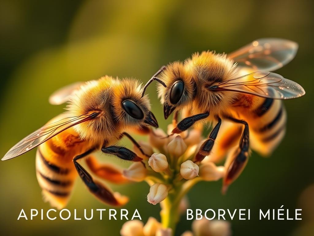 A close-up view of two distinct honey bee species, the Ligurian (Apis ligustica) and the Carniolan (Apis mellifera carnica), facing off against each other in a natural setting. The bees are perched on a sprig of flowering plants, with a soft, blurred background that hints at a lush, verdant landscape. The lighting is warm and golden, casting a gentle glow on the bees' intricate features and delicate wings. The composition emphasizes the visual contrast between the two bee breeds, inviting the viewer to closely observe their unique characteristics. The overall mood is one of scientific curiosity and appreciation for the natural world. In the bottom corner, the text "APICOLTURA BORVEI MIELE" appears, subtly highlighting the professional apiculture background of the image.
