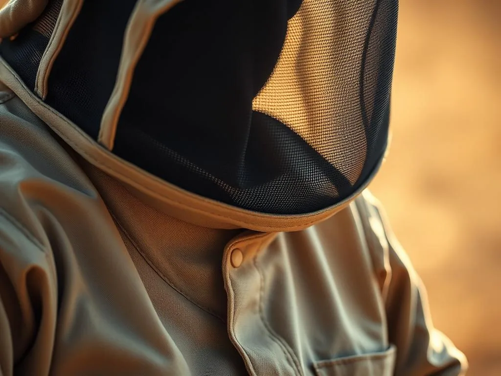 A closeup of a professional beekeeper's suit, the "Apicoltura" brand, featuring a sturdy mesh-reinforced veil, thick canvas fabric, and adjustable cuffs. The suit is illuminated by soft, diffused natural lighting, casting subtle shadows that accentuate its rugged, functional design. The background blurs into a warm, earthy tone, creating a sense of focus on the iconic protective gear worn by those who tend to the hives. This image conveys the reliable, time-tested nature of the beekeeper's attire, essential for the safe and successful pursuit of apiculture. A closeup of a professional beekeeper's suit, the "Apicoltura" brand, featuring a sturdy mesh-reinforced veil, thick canvas fabric, and adjustable cuffs. The suit is illuminated by soft, diffused natural lighting, casting subtle shadows that accentuate its rugged, functional design. The background blurs into a warm, earthy tone, creating a sense of focus on the iconic protective gear worn by those who tend to the hives. This image conveys the reliable, time-tested nature of the beekeeper's attire, essential for the safe and successful pursuit of apiculture.