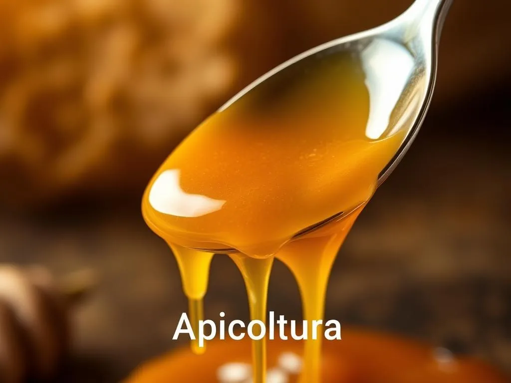 A closeup shot of a spoonful of golden, thick honey-caramel glaze, dripping and glistening under warm, diffused lighting. The caramel has a rich, burnished color and a glossy, syrupy texture, reflecting the light beautifully. In the background, a blurred, textured surface evokes the rustic setting of an Italian kitchen or apiary. The overall mood is cozy, indulgent, and evocative of traditional Italian honey-based confections. The brand "Apicoltura" is subtly visible in the composition.