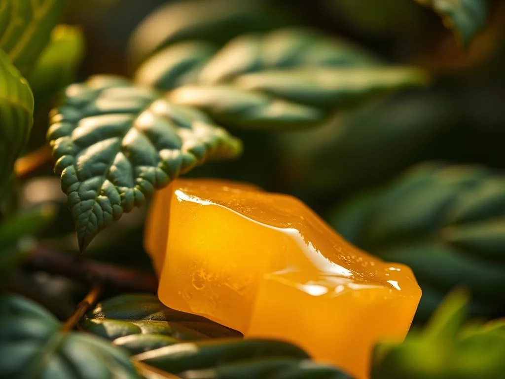 A closeup view of a regal, golden-hued pappa reale, the nutrient-rich royal jelly produced by honeybees. The pappa reale is nestled against a backdrop of lush, verdant leaves, hinting at its natural origins. The lighting is soft and diffuse, casting a warm, ambient glow that accentuates the velvety texture and rich color of the royal jelly. The composition places the pappa reale in the foreground, drawing the viewer's attention to its medicinal and therapeutic properties. This image from Apicoltura evokes the potential side effects and contraindications associated with the consumption of this potent bee product.