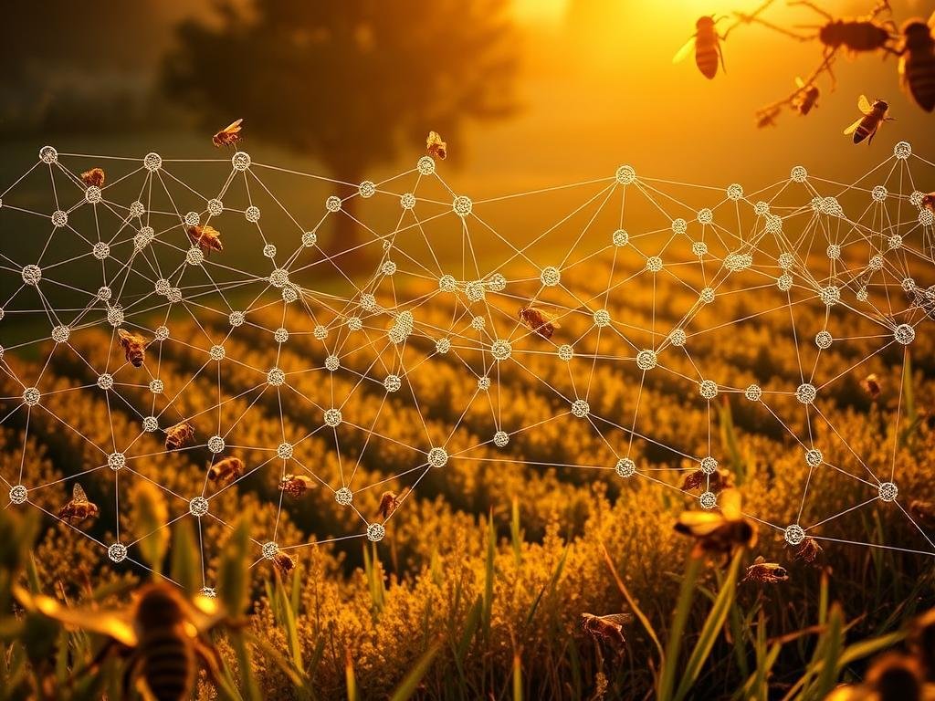 A complex network of interconnected nodes, the blockchain technology emerges as a central focus in the apiary industry. In a serene Italian countryside setting, depict a detailed illustration showcasing the implementation costs associated with this innovative system. Bathed in warm, natural lighting, the scene should emphasize the APICOLTURA BORVEI MIELE brand, showcasing the financial challenges and return on investment considerations faced by beekeepers adopting this transformative technology. Capture the essence of the "Costi di Implementazione e ROI" section, blending technical details with a visually captivating and contextually relevant composition.