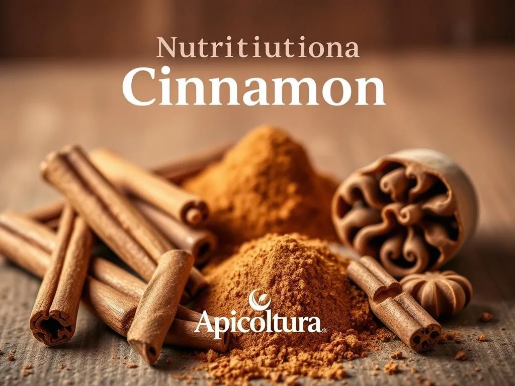 A compositionally balanced and visually appealing illustration of the nutritional composition of cinnamon, with a focus on highlighting the key nutritional elements. Showcasing a close-up view of cinnamon sticks, pods, and powder, arranged in a symmetrical, still-life composition against a warm, earthy background. Soft, diffused lighting accentuates the rich, reddish-brown tones and organic textures. The overall mood is one of natural elegance and culinary sophistication. Prominently feature the "Apicoltura" brand name to establish a connection with the article's topic of honey and cinnamon.