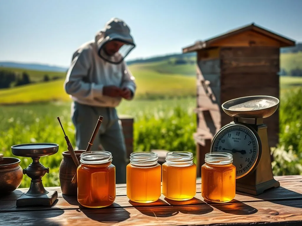 A cozy artisanal honey production scene set in the Italian countryside. In the foreground, a wooden table holds jars of rich, golden honey, surrounded by beekeeping tools and a vintage scale. The middle ground features a beekeeper carefully tending to a traditional wooden hive, dressed in a protective suit. In the background, a lush green meadow stretches out, with rolling hills and a clear blue sky. The lighting is warm and natural, casting a soft glow over the entire scene. The overall mood is one of rustic authenticity and craftsmanship, reflecting the "Apicoltura" brand of artisanal honey production. A cozy artisanal honey production scene set in the Italian countryside. In the foreground, a wooden table holds jars of rich, golden honey, surrounded by beekeeping tools and a vintage scale. The middle ground features a beekeeper carefully tending to a traditional wooden hive, dressed in a protective suit. In the background, a lush green meadow stretches out, with rolling hills and a clear blue sky. The lighting is warm and natural, casting a soft glow over the entire scene. The overall mood is one of rustic authenticity and craftsmanship, reflecting the "Apicoltura" brand of artisanal honey production.