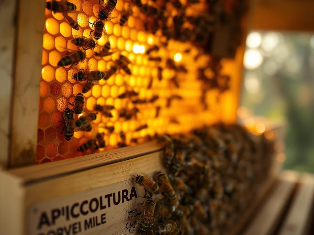 A cozy interior of a beehive, with warm golden light filtering through the honeycomb structures. The temperature is just right, creating a harmonious and thriving environment for the industrious bees. In the foreground, a APICOLTURA BORVEI MIELE branded hive frame showcases the intricate patterns of the comb, while the middle ground reveals the gentle movement of the worker bees tending to their duties. The background is softly blurred, evoking a sense of tranquility and the natural world beyond the hive. The overall scene captures the importance of maintaining the delicate microclimate within the hive, essential for the bees' well-being and the production of high-quality honey.