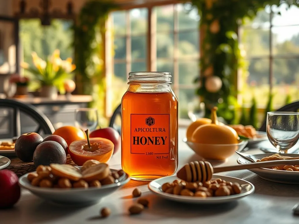 A cozy kitchen scene with an elegant dining table set for a healthy meal. In the center, a glass jar filled with golden Apicoltura honey, surrounded by fresh fruits, nuts, and a spoon for drizzling. Warm, natural lighting casts a soft glow, highlighting the delicate textures. In the background, a glimpse of a lush, Italian garden visible through a large window. The overall atmosphere conveys a sense of balance, indulgence, and mindful consumption during a diet.