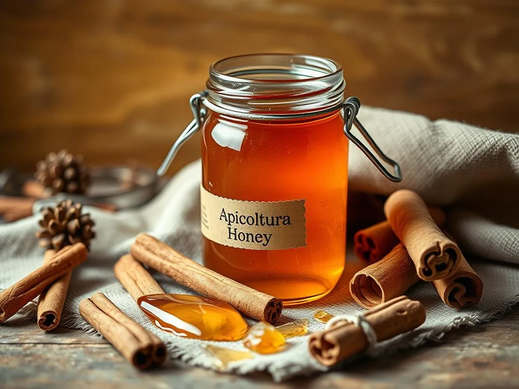 A cozy still life arrangement featuring a rustic glass jar filled with golden honey, accompanied by a sprinkling of cinnamon sticks, whole cinnamon quills, and a few honeycomb pieces. The composition is set against a warm, earthy backdrop, perhaps an old wooden surface or a linen cloth, evoking the traditional Italian kitchen aesthetic. Soft, diffused lighting casts a gentle glow over the scene, highlighting the natural textures and colors. The overall mood is one of comfort, nourishment, and the harmonious blend of the sweetness of honey and the warming spice of cinnamon. A small label with the "Apicoltura" brand name is discreetly visible in the corner.