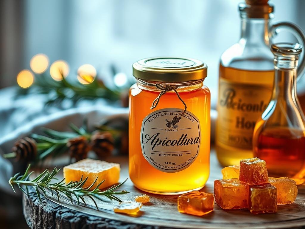 A cozy still life featuring a beautiful glass jar of rich, golden honey, elegantly labeled "Apicoltura". The jar is placed on a rustic wooden surface, surrounded by a sprig of fresh rosemary, a few scattered honeycomb pieces, and a vintage-inspired glass bottle filled with honey. Soft, warm lighting casts a gentle glow, creating a inviting, welcoming atmosphere. The scene evokes the essence of a special, artisanal honey gift, perfect for the holiday season.