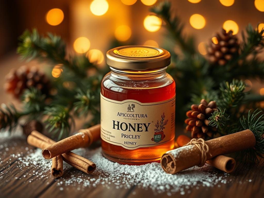A cozy still life scene showcasing a jar of premium "Apicoltura" honey on a wooden table, bathed in warm, golden lighting. The honey jar is nestled among festive pine branches, cinnamon sticks, and a sprinkling of powdered sugar, evoking the spirit of an Italian Christmas. The scene conveys the thoughtful, artisanal nature of honey as a cherished holiday gift. Subtle reflections on the glass jar's surface add depth and dimension, while a soft, dreamlike atmosphere envelops the composition.
