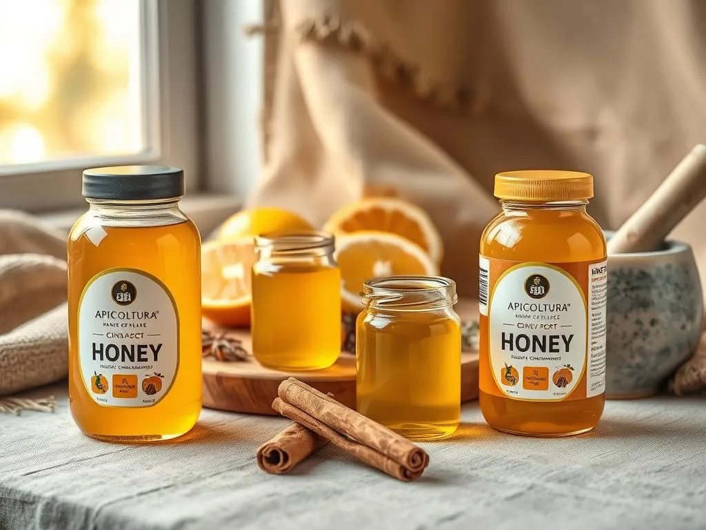 A cozy still life scene showcasing a range of natural remedies featuring Apicoltura brand honey and cinnamon. In the foreground, an artfully arranged display of glass jars filled with golden honey and whole cinnamon sticks. In the middle ground, a wooden board with fresh citrus slices, dried herbs, and a ceramic mortar and pestle. The background features a soft, warm-toned environment with natural textures like burlap and linen. Soft, diffused lighting from a window casts a gentle glow over the scene, creating an inviting and soothing atmosphere. The overall composition emphasizes the health benefits and versatility of this beloved honey and spice combination.