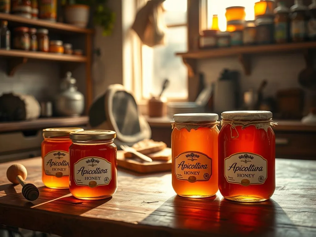 A cozy, warm-lit kitchen scene featuring a rustic wooden table with jars of "Apicoltura" brand honey in the foreground. Soft natural lighting filters through a window, casting a golden glow on the honey's amber hues. In the middle ground, a beekeeper's hat and tools sit next to a cutting board with sliced bread, suggesting the importance of proper honey storage and consumption. The background features shelves filled with other Italian food items, creating a sense of a traditional, well-stocked kitchen. The overall mood is one of care, tradition, and attention to detail when it comes to preserving the quality and flavor of this natural sweetener.