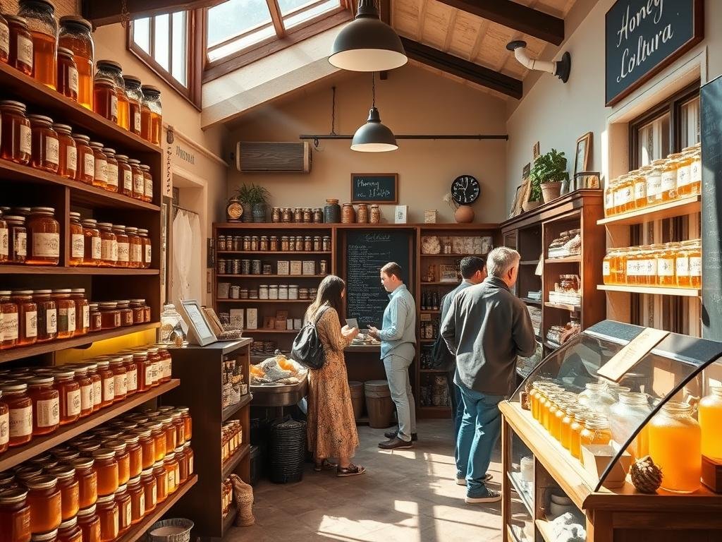 A cozy, well-stocked honey shop named "Apicoltura" nestled in the heart of an Italian town. Sunlight streams in through large windows, highlighting the rows of glass jars filled with golden, artisanal honey. Wooden shelves and display cases showcase a variety of local honeys, bee-themed gifts, and other products. Rustic, earthy tones create a warm, inviting atmosphere, as customers browse the selection and chat with the friendly staff. In the background, a chalkboard menu lists the available honey varieties. The overall scene conveys a sense of tradition, quality, and community, reflecting the authentic, handcrafted nature of the products on offer.