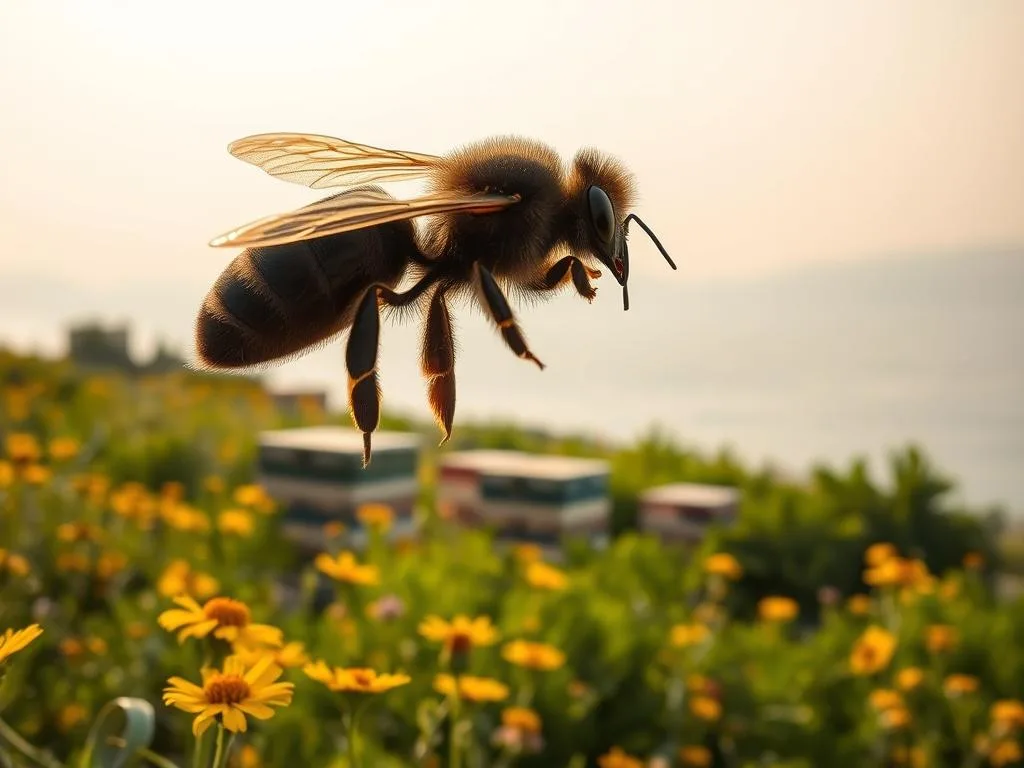 A dark, majestic honey bee in flight, the Apis Mellifera Siciliana, hovering over a field of fragrant Sicilian wildflowers. Its sleek, ebony body and translucent wings catch the warm, golden Mediterranean sunlight. In the middle ground, traditional Apicoltura beehives stand amidst lush, verdant foliage. The background is a soft, hazy horizon, capturing the serene essence of the Sicilian countryside. The scene conveys a sense of harmony between the native black bee and its natural environment.