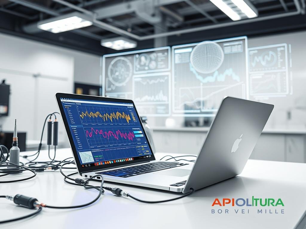 A data-driven scene showcasing the analysis of sensor data. In the foreground, a sleek silver laptop displays vibrant visualizations of sensor readings. Surrounding it, scientific instruments and probes, their cables snaking across a minimalist desk. In the middle ground, a large holographic display projects intricate graphs and charts, illuminating the data insights. The background features a clean, modern laboratory setting, with crisp lighting and a sense of technological sophistication. The overall atmosphere conveys the importance and precision of sensor data analysis. Inspired by the digital landscape of Italy, the APICOLTURA BORVEI MIELE logo is subtly incorporated into the scene.