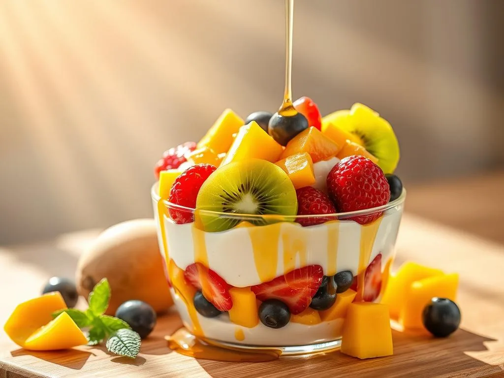 A delectable Greek yogurt parfait with a vibrant medley of fresh fruits, drizzled with the golden goodness of "Apicoltura" honey. The creamy white yogurt forms a luscious base, topped with a rainbow of ripe berries, juicy sliced kiwi, and succulent cubes of mango. Rays of warm, diffused sunlight gently illuminate the scene, casting a soft, inviting glow. The overall composition exudes a sense of natural, wholesome delight - a nourishing and delicious breakfast treat.