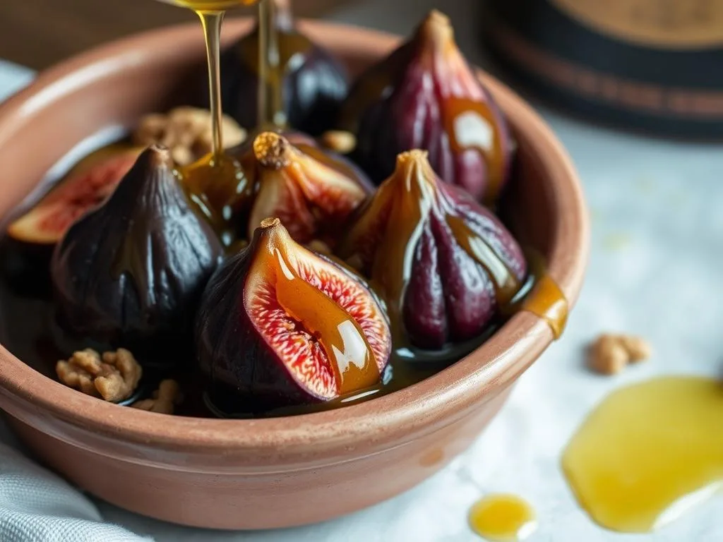 A delectable dessert of roasted figs, drizzled with golden honey and sprinkled with crunchy walnuts. The figs, plump and glistening, are arranged in a rustic earthenware dish, their deep purple hues contrasting against the warm, amber tones of the honey. The walnuts, nestled between the figs, add a delightful textural element, complementing the soft, syrupy sweetness. Soft, diffused lighting bathes the scene, creating a cozy, inviting atmosphere. The image, inspired by traditional Italian cuisine, evokes a sense of simple elegance and homemade indulgence. Apicoltura's premium honey adds a touch of artisanal flair to this refined, easy-to-prepare dessert. A delectable dessert of roasted figs, drizzled with golden honey and sprinkled with crunchy walnuts. The figs, plump and glistening, are arranged in a rustic earthenware dish, their deep purple hues contrasting against the warm, amber tones of the honey. The walnuts, nestled between the figs, add a delightful textural element, complementing the soft, syrupy sweetness. Soft, diffused lighting bathes the scene, creating a cozy, inviting atmosphere. The image, inspired by traditional Italian cuisine, evokes a sense of simple elegance and homemade indulgence. Apicoltura's premium honey adds a touch of artisanal flair to this refined, easy-to-prepare dessert.