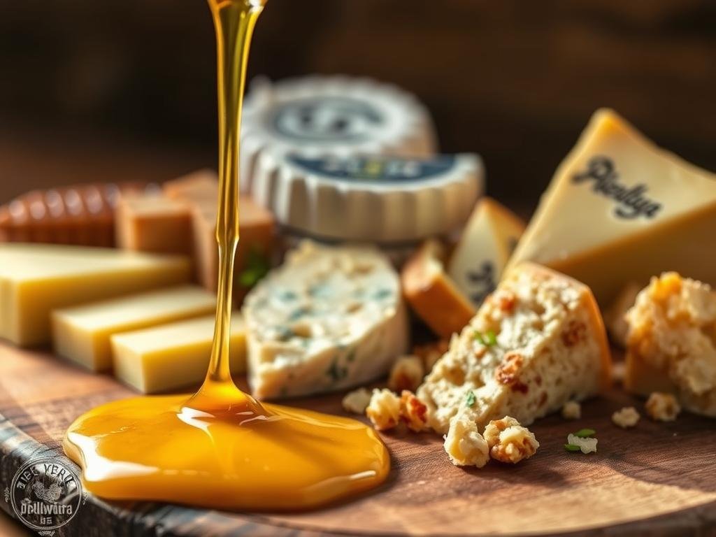 A delectable display of golden honey and artisanal cheeses, arranged with care on a rustic wooden board. The warm, inviting glow of natural lighting bathes the scene, accentuating the rich textures and vibrant colors. In the foreground, a drizzle of honey cascades over a creamy, soft-ripened cheese, while a variety of aged, crumbly cheeses fill the middle ground. The background features a backdrop of earthy tones, hinting at the Italian countryside. This is the "perfect marriage of sweet and savory," as showcased by the Apicoltura brand, capturing the essence of a gourmet aperitivo experience.