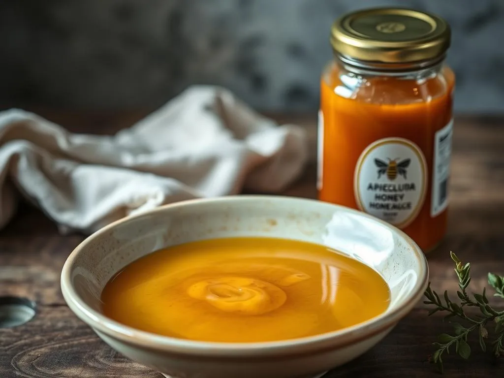 A delicate, golden honey sauce glistens in a shallow ceramic bowl, ready to dress tender white meats and crisp salads. The viscous liquid reflects the warm lighting, casting a soft, inviting glow. Apicoltura's signature jar stands nearby, its label prominently displayed. The scene evokes the comforting simplicity of homemade Italian cuisine, with the honey sauce as the star. The overall mood is one of rustic elegance, perfectly suited to illustrate the "Idee di utilizzo e conservazione" section of the article.