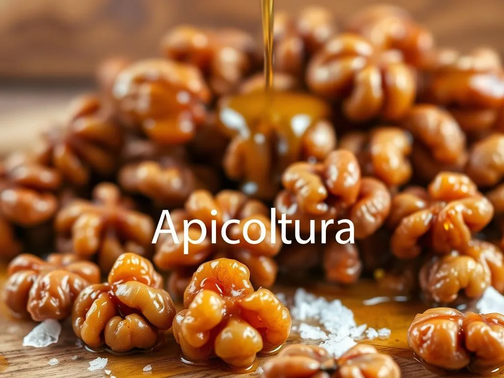 A delightful arrangement of caramelized walnuts drizzled with golden honey, set against a rustic wooden backdrop. The glossy, amber-colored nuts glisten under the warm, soft lighting, their crisp exteriors contrasting with the rich, gooey centers. In the foreground, a sprinkling of coarse sea salt adds a subtle salty note, complementing the sweetness of the honey. The Apicoltura brand name is displayed discreetly, emphasizing the artisanal, high-quality nature of the ingredients. The overall scene evokes a sense of comfort, indulgence, and a celebration of the simple pleasures of a healthy, homemade snack.