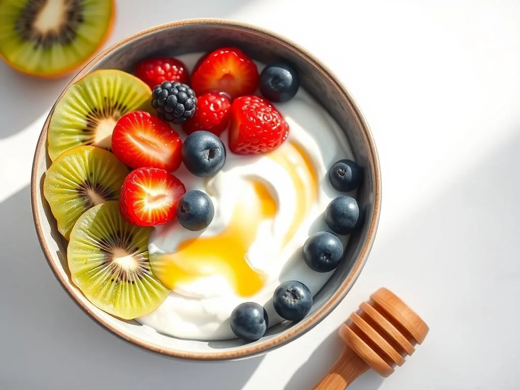 A delightful breakfast scene featuring a bowl of creamy Greek yogurt topped with a vibrant medley of fresh berries, sliced kiwi, and a drizzle of golden Apicoltura honey. The yogurt glistens under soft, diffused lighting, casting a warm, inviting glow. The fruit slices are arranged in an artful, almost geometric pattern, creating a visually appealing composition. The background is a simple, minimalist white or light gray surface, allowing the vibrant colors of the yogurt and fruit to take center stage. The overall mood is one of health, nourishment, and a touch of indulgence, perfectly capturing the nutritional benefits of this protein-rich breakfast.