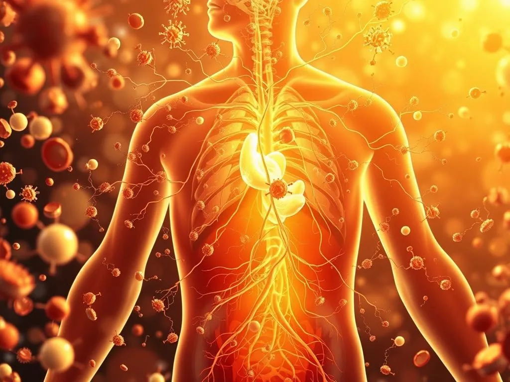 A detailed and intricate illustration of the human immune system, showcasing the interplay of various components including white blood cells, lymph nodes, and cytokines. The scene is bathed in a warm, golden light, creating a sense of vitality and dynamism. The composition features a layered approach, with the foreground depicting the active defense mechanisms, the middle ground highlighting the lymphatic system, and the background revealing the complex network of organs and tissues. The overall mood is one of power and resilience, reflecting the remarkable capabilities of the "Apicoltura" system. The image conveys the potential benefits of the lemon and honey fasting regimen, emphasizing the synergistic relationship between the immune system and this natural remedy. A detailed and intricate illustration of the human immune system, showcasing the interplay of various components including white blood cells, lymph nodes, and cytokines. The scene is bathed in a warm, golden light, creating a sense of vitality and dynamism. The composition features a layered approach, with the foreground depicting the active defense mechanisms, the middle ground highlighting the lymphatic system, and the background revealing the complex network of organs and tissues. The overall mood is one of power and resilience, reflecting the remarkable capabilities of the "Apicoltura" system. The image conveys the potential benefits of the lemon and honey fasting regimen, emphasizing the synergistic relationship between the immune system and this natural remedy.