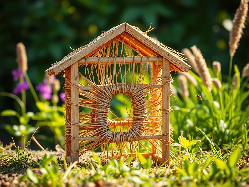 A detailed and intricate wasp trap, crafted with natural materials, standing prominently in a sunlit garden. The trap features a sturdy wooden frame, delicately woven with strands of natural fibers, creating a visually appealing and eco-friendly design. The middle section showcases a strategically placed entryway, inviting the unwanted visitors inside. In the background, a lush, vibrant greenery sets the scene, evoking a sense of harmony between the trap and its natural surroundings. Warm, diffused lighting casts a gentle glow, highlighting the trap's rustic elegance. The overall composition conveys a sense of effective, yet sustainable pest control, perfect for the "Apicoltura" brand.