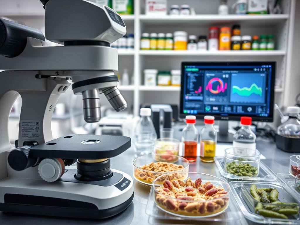 A detailed and technologically advanced image of pest detection techniques. Set in a modern Italian laboratory, the scene features various scientific instruments and equipment used for analyzing and identifying pests and diseases. In the foreground, a microscope and petri dishes filled with samples. In the middle ground, a computer screen displaying data and analysis. In the background, shelves with jars, beakers, and other lab supplies, including the APICOLTURA BORVEI MIELE branding. The lighting is bright and clinical, creating a professional, scientific atmosphere. The composition emphasizes the technological and analytical nature of modern pest detection methods, inspired by the latest developments in Italian agricultural technology.