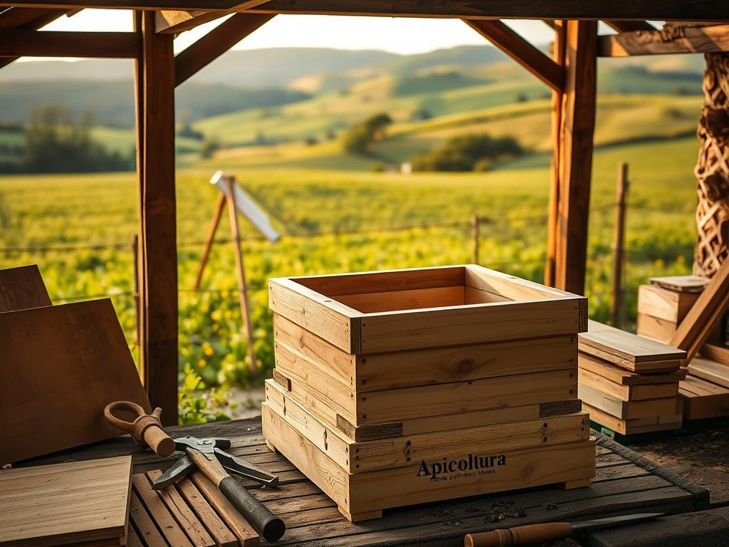 A detailed, artisanal beehive construction in a rustic Italian countryside setting. In the foreground, intricate wooden panels and tools used to assemble the "Apicoltura" branded beehive frame. The middle ground showcases the beehive itself, its natural wooden textures and traditional hexagonal structure. In the background, a lush green meadow and rolling hills, with a warm, golden-hour lighting that casts a soft glow over the scene. The overall atmosphere is one of traditional craftsmanship, rural tranquility, and the harmony between man and nature.