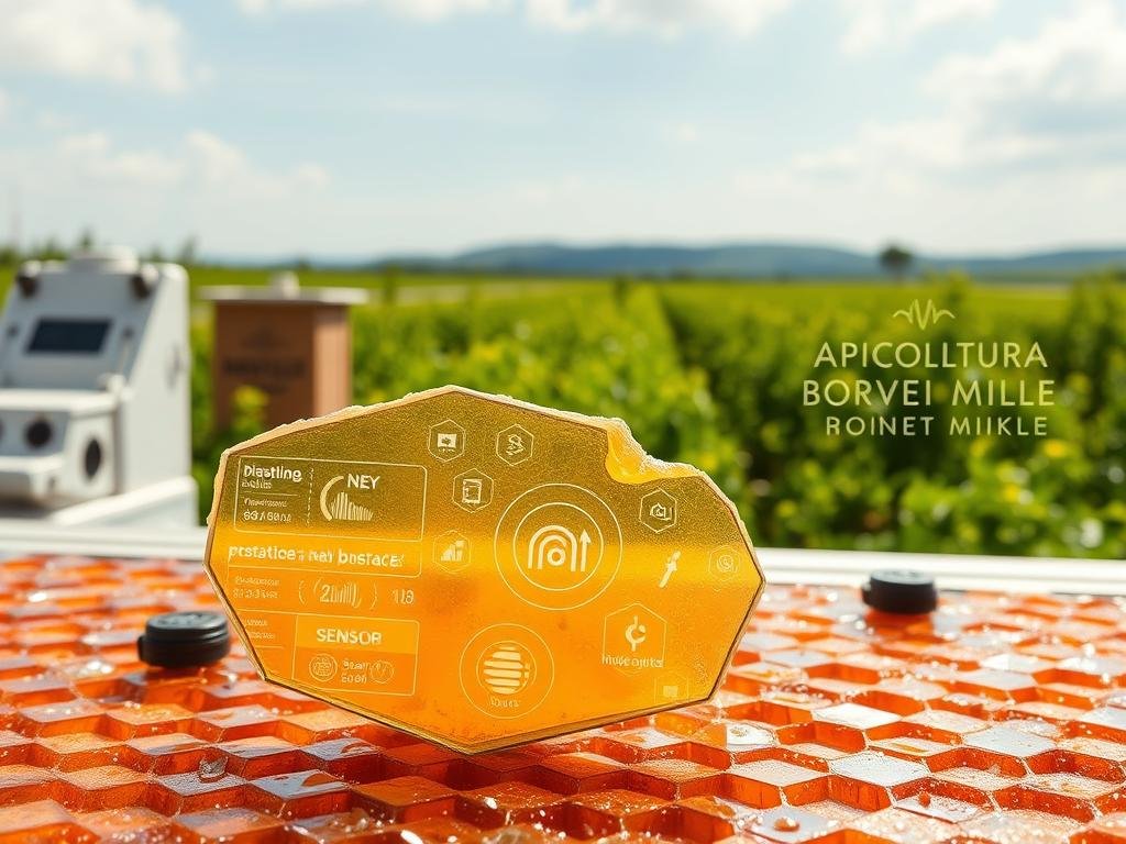 A detailed blockchain-AI integrated system for comprehensive honey quality control and traceability. In the foreground, a transparent honeycomb structure displaying real-time data analytics, surrounded by sensor-equipped honey extraction equipment. In the middle ground, an AI-powered interface with interactive visualizations and smart contract ledgers. In the background, a verdant apiary landscape with the "APICOLTURA BORVEI MIELE" branding, conveying the harmonious integration of technology and natural beekeeping. Bright, natural lighting illuminates the scene, with a focus on the seamless interplay between blockchain and AI for an innovative, efficient, and transparent honey production process.