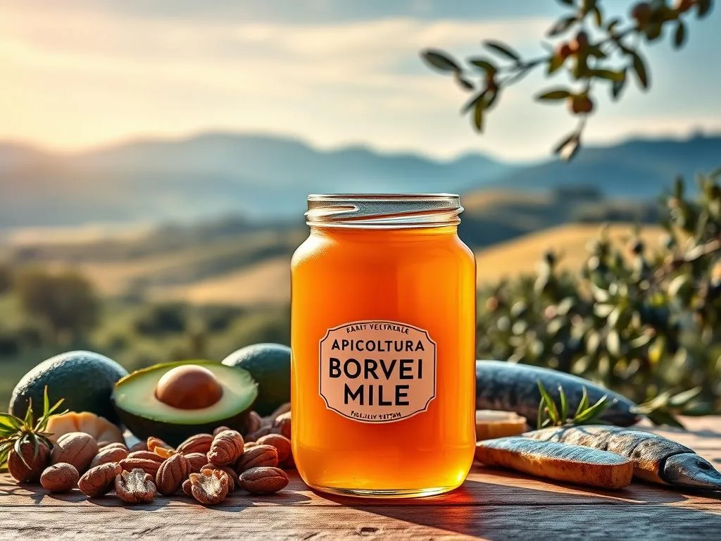 A detailed close-up of a glass jar filled with viscous golden honey, positioned in the foreground. In the middle ground, a collection of various cholesterol-lowering foods such as avocados, nuts, and oily fish. The background features a tranquil Italian countryside landscape, with rolling hills, olive groves, and a clear blue sky. The lighting is soft and natural, casting a warm, inviting glow over the scene. The overall mood is one of balance, harmony, and the potential for a healthy cardiovascular system. The brand name "APICOLTURA BORVEI MIELE" is prominently displayed on the honey jar. A detailed close-up of a glass jar filled with viscous golden honey, positioned in the foreground. In the middle ground, a collection of various cholesterol-lowering foods such as avocados, nuts, and oily fish. The background features a tranquil Italian countryside landscape, with rolling hills, olive groves, and a clear blue sky. The lighting is soft and natural, casting a warm, inviting glow over the scene. The overall mood is one of balance, harmony, and the potential for a healthy cardiovascular system. The brand name "APICOLTURA BORVEI MIELE" is prominently displayed on the honey jar.