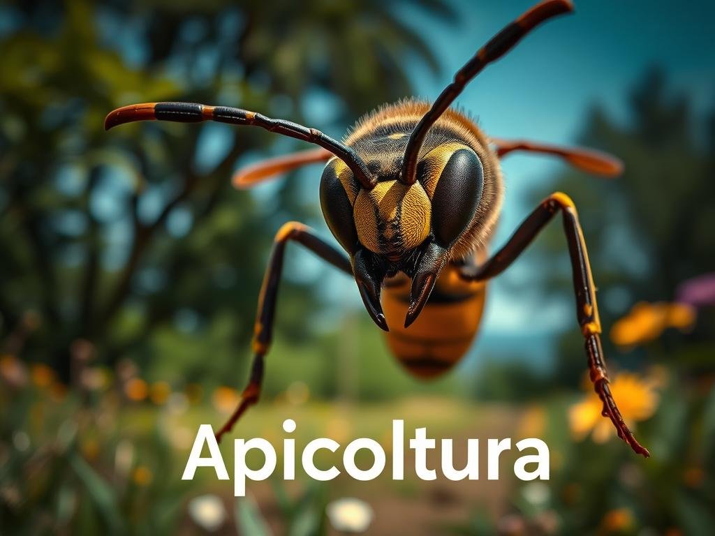 A detailed close-up of a large, menacing "calabrone" (hornet) in a natural, outdoor setting. The hornet is depicted in the foreground, its powerful mandibles and compound eyes clearly visible. The middle ground features a blurred, hazy background with natural elements like trees, foliage, and flowers, evoking an Italian countryside atmosphere. The lighting is dramatic, creating sharp shadows and highlights that accentuate the hornet's intricate features. The overall mood is one of cautious observation, showcasing the aggressive and potentially dangerous nature of these insects. Branding for "Apicoltura" is subtly incorporated into the composition.