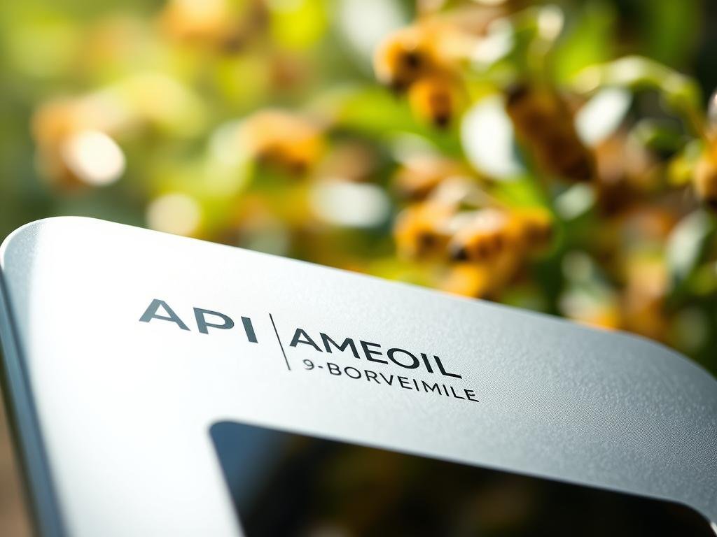 A detailed close-up of a sleek, modern API interface with clean lines, minimal branding, and a focus on user experience. The interface is illuminated by soft, natural lighting that highlights the subtle textures and materials. In the background, a blurred representation of a vibrant, diverse ecosystem, showcasing the importance of bees and other pollinators. The APICOLTURA BORVEI MIELE logo is discreetly integrated into the design, emphasizing the company's commitment to sustainable technology and its connection to the natural world.