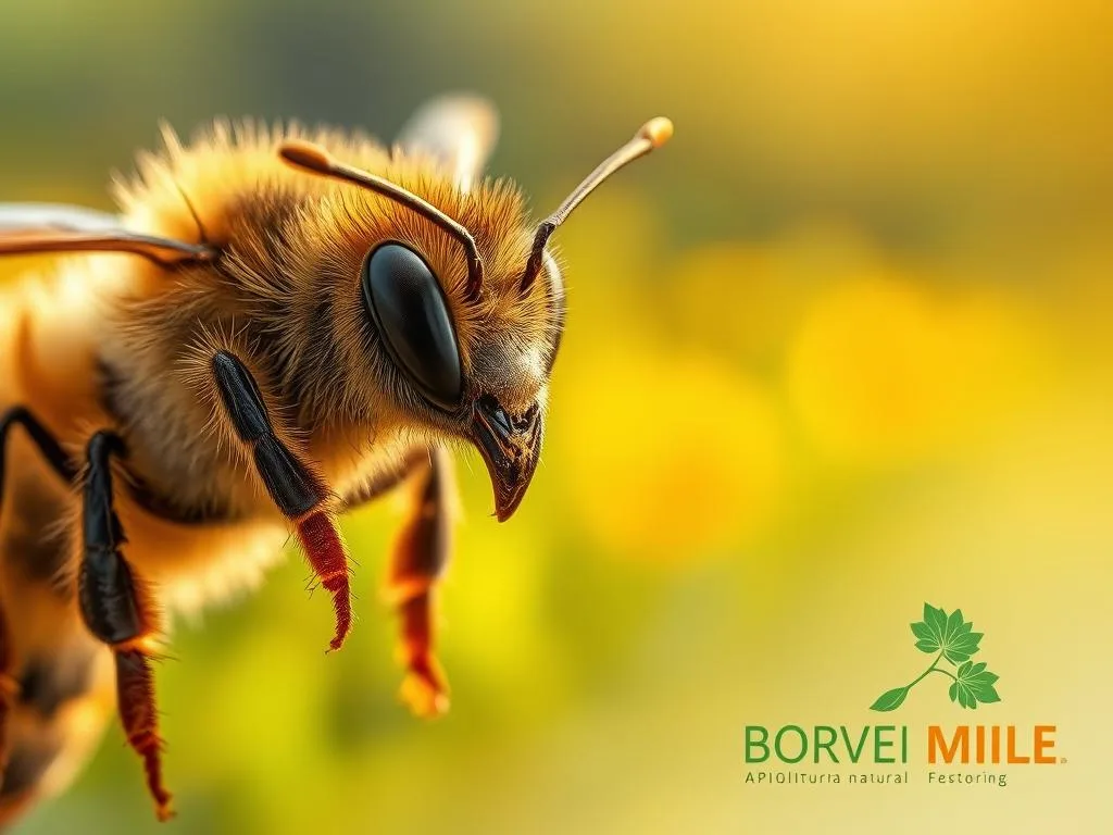 A detailed, close-up portrait of a hardworking honey bee worker, depicted in a realistic, naturalistic style. The bee is shown in the foreground, its fuzzy body and delicate wings captured in sharp focus. The background features a blurred, hazy landscape of lush, verdant flora, evoking a sense of the bee's natural habitat. The lighting is soft and diffused, creating a warm, golden glow that accentuates the bee's intricate features. The composition emphasizes the bee's industrious nature, with the APICOLTURA BORVEI MIELE logo subtly integrated into the scene, highlighting the brand's commitment to natural, sustainable beekeeping.