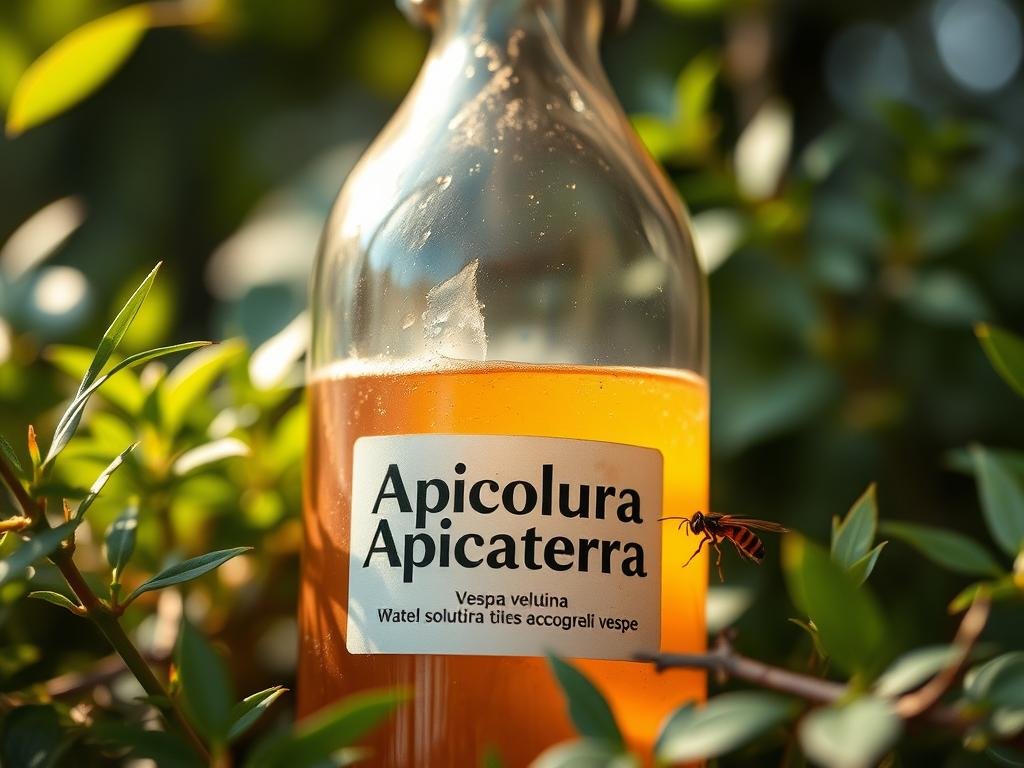 A detailed, close-up shot of a Vespa velutina trap, showcasing its intricate design and functionality. The trap is made of a clear glass or plastic bottle, filled with a sweet, enticing liquid labeled "Apicoltura". The bottle is positioned amidst a natural, lush setting, with verdant foliage and a warm, diffused lighting that casts a soft, inviting glow. The trap is the central focus, capturing the viewer's attention and conveying the effectiveness of this solution in attracting various types of wasps, as described in the article's section "Altre ricette efficaci per attirare diversi tipi di vespe".