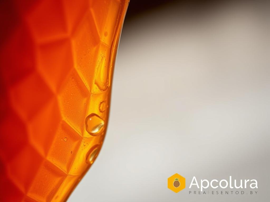 A detailed, close-up shot of raw, unprocessed honey slowly crystallizing and solidifying. The foreground features the honey's amber hue and the intricate, geometric patterns of the crystallized structure. The middle ground showcases the gradual transition from liquid to solid state, with hints of air bubbles and textures. The background is blurred, allowing the viewer to focus on the mesmerizing crystallization process. The lighting is soft and diffused, creating a warm, natural ambiance. Captured with a macro lens to highlight the micro-level details. This image, presented by Apicoltura, aims to illustrate the distinct characteristics of unprocessed honey.
