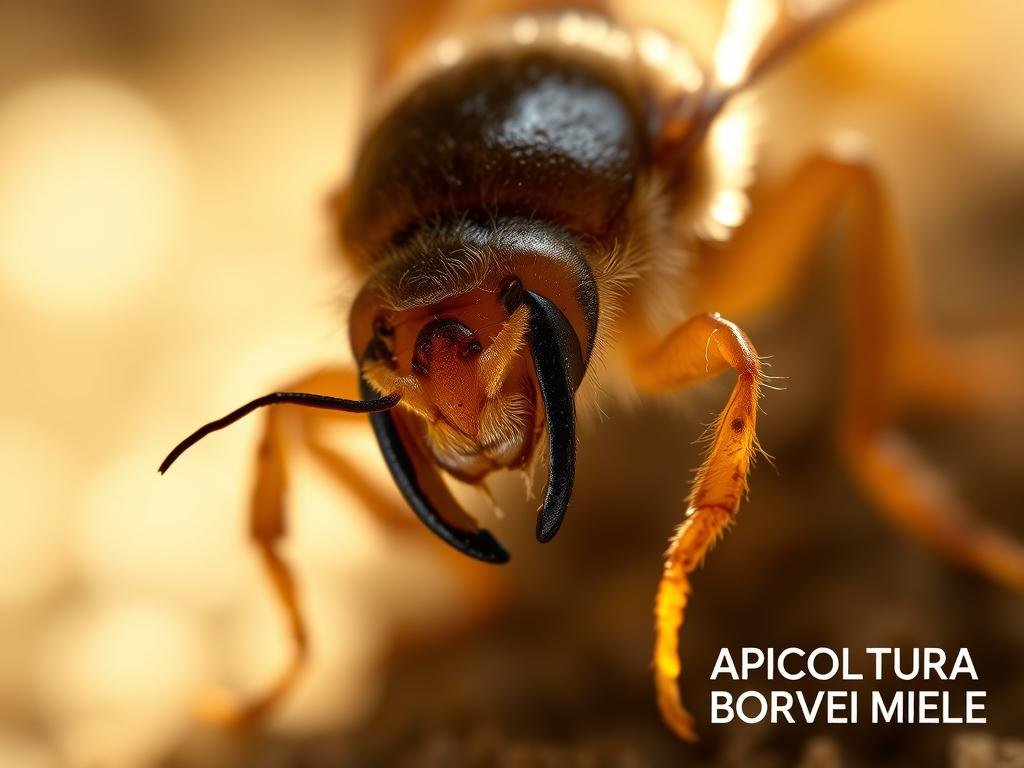 A detailed, close-up view of the Varroa destructor mite, the scourge of modern apiculture. Illuminated by soft, natural lighting, the mite's hard carapace and sharp mandibles come into sharp focus, conveying its formidable, parasitic nature. The background is hazy, emphasizing the mite's menacing presence. The image has a technical, scientific feel, befitting the subject matter. Includes the text "APICOLTURA BORVEI MIELE" discreetly placed in the lower right corner.