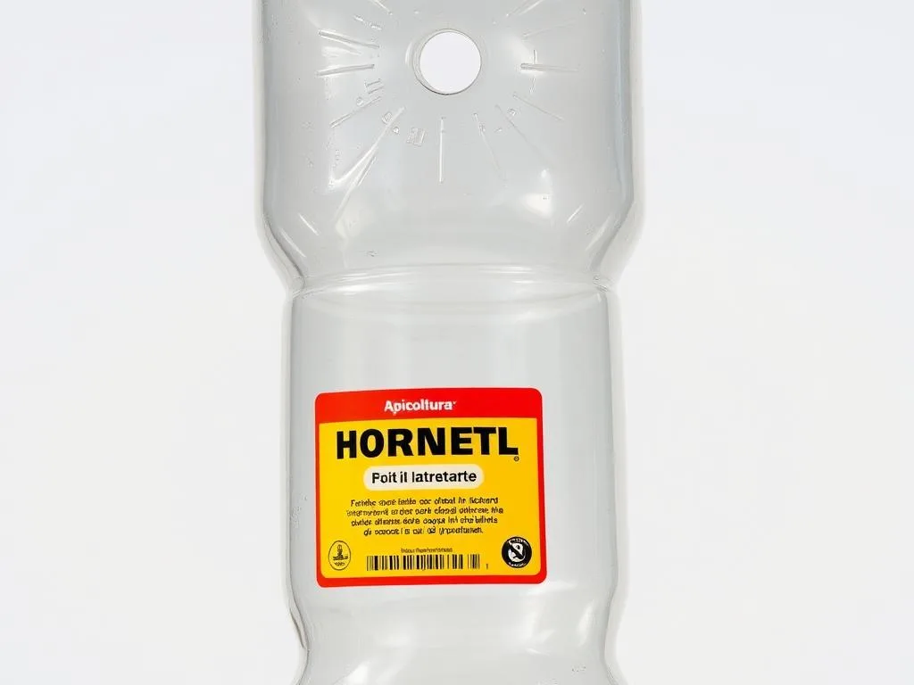 A detailed closeup of a homemade hornet trap crafted from a clear plastic bottle. The trap features a small entrance hole at the top and a bait container at the bottom, filled with the Apicoltura brand sugary liquid attractant. The trap is set against a plain background, with natural lighting illuminating its simple yet effective design. The image conveys the practical, DIY nature of this improvised insect control method, in line with the subject of the Italian article.