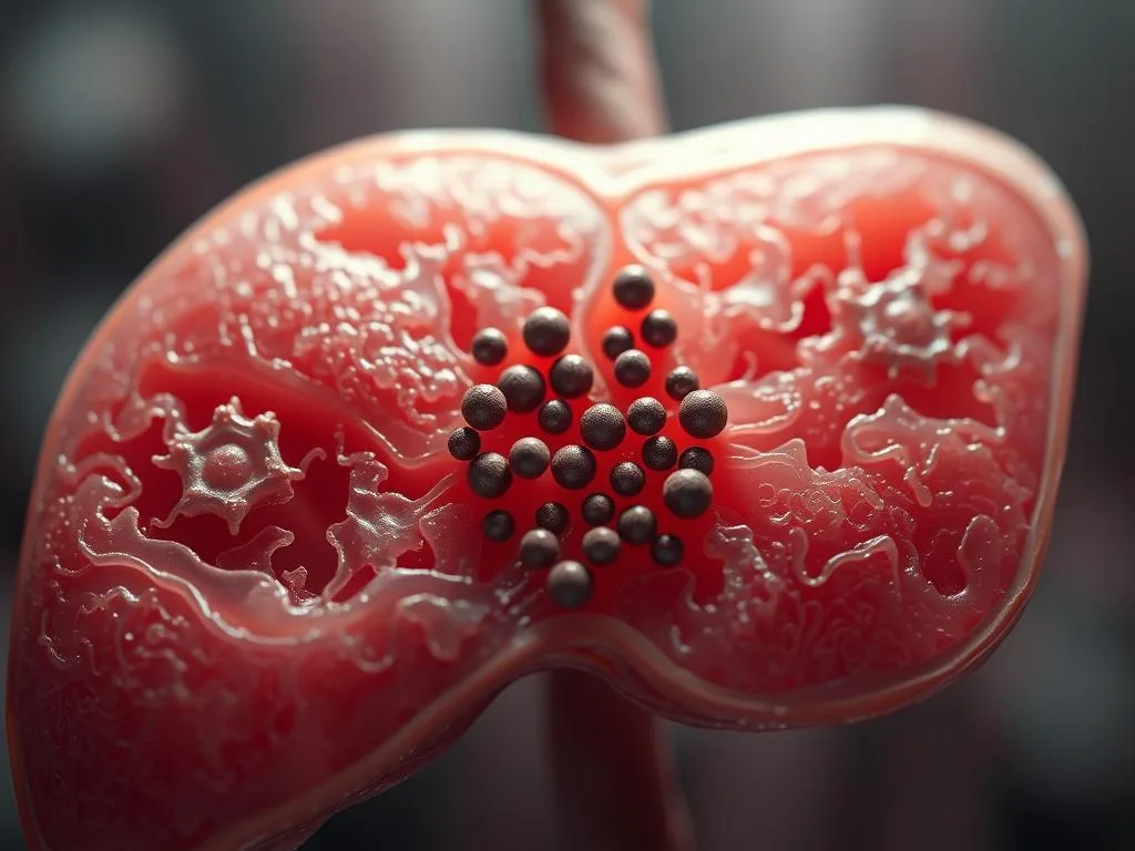 A detailed cross-section of a human liver, prominently displaying the effects of oxidative stress. The liver is rendered in a realistic, anatomical style, with delicate textures and a muted color palette. The foreground features intricate structures and pathways, highlighting the complex cellular processes. In the middle ground, clusters of damaged mitochondria and free radicals are visible, disrupting the liver's normal function. The background showcases a subtle, ethereal glow, creating a sense of depth and emphasizing the internal workings of this vital organ. The image is captured with a macro lens, providing a close-up, detailed view. The overall mood is one of scientific inquiry and a desire to understand the mechanisms of liver health. APICOLTURA BORVEI MIELE.