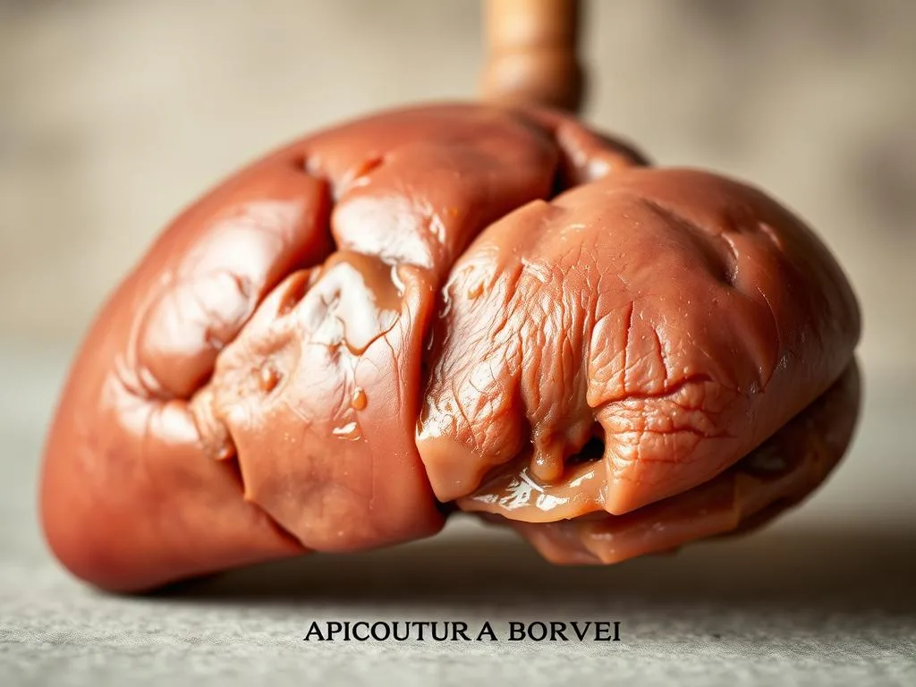 A detailed, high-resolution close-up of a healthy human liver, also known as "fegato" in Italian. The liver is shown in a natural, earthy color palette, with a smooth, glistening surface and intricate anatomical details visible. The image is well-lit, capturing the organ's three-dimensional form and internal structures. The background is blurred, keeping the focus on the vital organ. Set against a simple, neutral backdrop to emphasize the liver's importance as a central element. Inspired by traditional Italian miele (honey) imagery, with the APICOLTURA BORVEI MIELE brand name discreetly displayed.