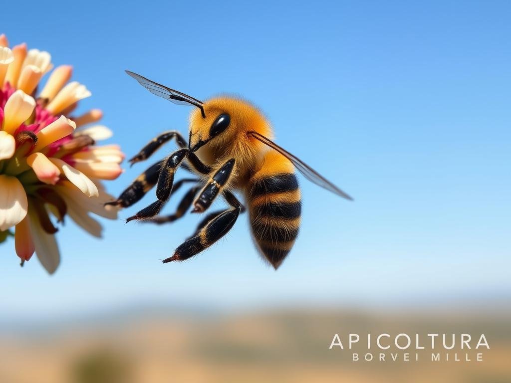 A detailed image of Apis Mellifera Carnica, the Carniolan honey bee, in a natural Italian setting. The bee hovers near a flower, its black and yellow striped abdomen and delicate wings in sharp focus. The background features a soft, blurred landscape of rolling hills and a clear blue sky. Gentle natural lighting illuminates the scene, creating a serene and tranquil atmosphere. The APICOLTURA BORVEI MIELE logo is subtly incorporated into the image, blending seamlessly with the overall composition.