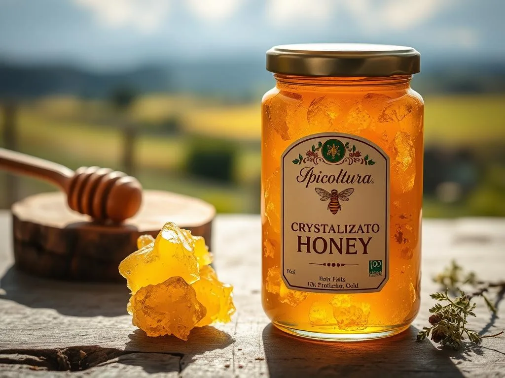 A detailed still life showcasing a jar of crystallized honey (miele cristallizzato) from the Apicoltura brand. The jar is positioned in the foreground, capturing the unique texture and golden hues of the solidified honey. Soft, natural lighting illuminates the scene, highlighting the intricate patterns and delicate crystals. The middle ground features a rustic wooden surface, hinting at the traditional Italian beekeeping practices. In the background, a blurred countryside landscape evokes a sense of the honey's artisanal origins. The overall mood is warm, inviting, and reflective of the natural, wholesome qualities of the crystallized honey.
