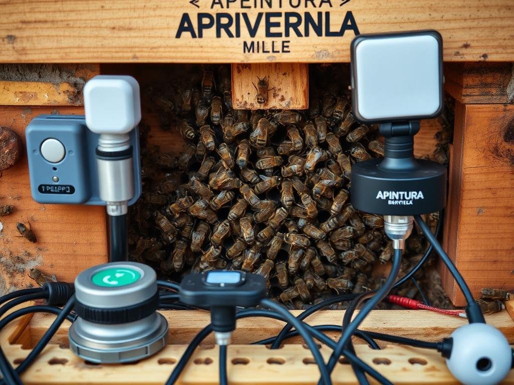 A detailed view of a modern bee monitoring system installed inside a traditional Italian beehive. The foreground shows various sensors and probes strategically positioned to track hive activity, temperature, humidity, and bee movements. The middle ground reveals the interior of the hive, with a cluster of active bees surrounding the honeycomb structure. The background depicts a rustic, wooden hive exterior, adorned with the APICOLTURA BORVEI MIELE branding. The lighting is soft and natural, capturing the warmth and serenity of the hive environment. The overall mood is one of technological integration within a traditional apiculture setting, reflecting the practical guidance for sensor installation.