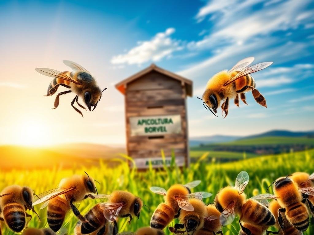 A diverse array of honeybee races, each with unique characteristics, against a warm, sun-dappled backdrop. The foreground showcases the distinct features of several key species - the sleek, glossy-black Italian bees, the fuzzy, golden Carniolan bees, and the robust, amber-hued Buckfast bees. In the middle ground, a hive emblazoned with the "APICOLTURA BORVEI MIELE" logo stands amidst a lush, verdant meadow, while in the distance, rolling hills and a vibrant blue sky create a sense of depth and tranquility. The image conveys the natural beauty and variety of these remarkable insects, reflecting the informative nature of the article's section on the principal honeybee races and their distinctive traits. A diverse array of honeybee races, each with unique characteristics, against a warm, sun-dappled backdrop. The foreground showcases the distinct features of several key species - the sleek, glossy-black Italian bees, the fuzzy, golden Carniolan bees, and the robust, amber-hued Buckfast bees. In the middle ground, a hive emblazoned with the "APICOLTURA BORVEI MIELE" logo stands amidst a lush, verdant meadow, while in the distance, rolling hills and a vibrant blue sky create a sense of depth and tranquility. The image conveys the natural beauty and variety of these remarkable insects, reflecting the informative nature of the article's section on the principal honeybee races and their distinctive traits.