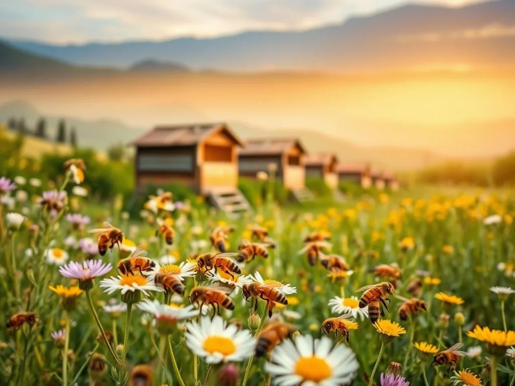 A diverse colony of honeybees engaged in foraging and exploration, captured in a serene Italian countryside setting. In the foreground, a group of intrepid "api esploratrici" (scout bees) navigate through a vibrant field of wildflowers, their compound eyes and delicate antennae scanning for valuable nectar sources. The middle ground features the APICOLTURA BORVEI MIELE apiary, its traditional wooden hives nestled amidst lush greenery. In the background, rolling hills and a warm, golden-hour sky create a tranquil, naturalistic atmosphere, highlighting the bees' critical role in maintaining the local ecosystem. Soft, diffused lighting and a shallow depth of field emphasis the graceful movement and genetic diversity of these hardworking pollinators.