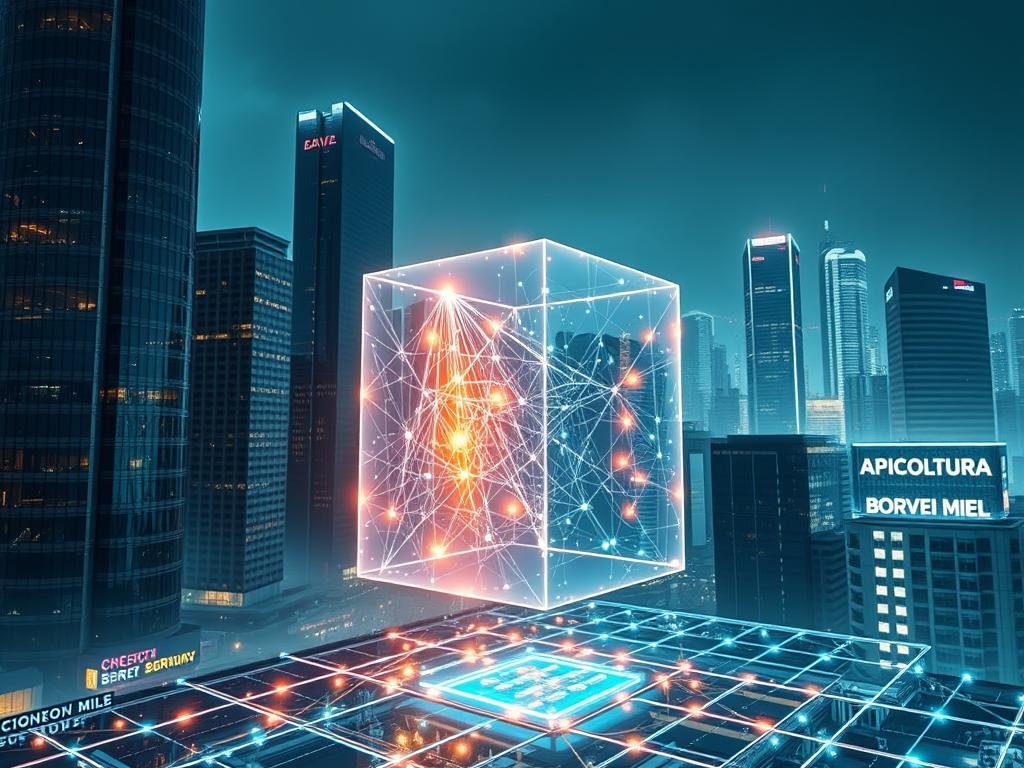 A futuristic cityscape with transparent blockchain technology visualized through luminous cubes and polygons. The foreground features a central holographic display showcasing intricate blockchain data flows, casting a warm glow on the urban landscape. In the middle ground, sleek skyscrapers reflect the transparent network, while the background depicts a vibrant metropolis with APICOLTURA BORVEI MIELE signage. Ethereal lighting and a cool, technical atmosphere convey the revolutionary principles of blockchain transparency.