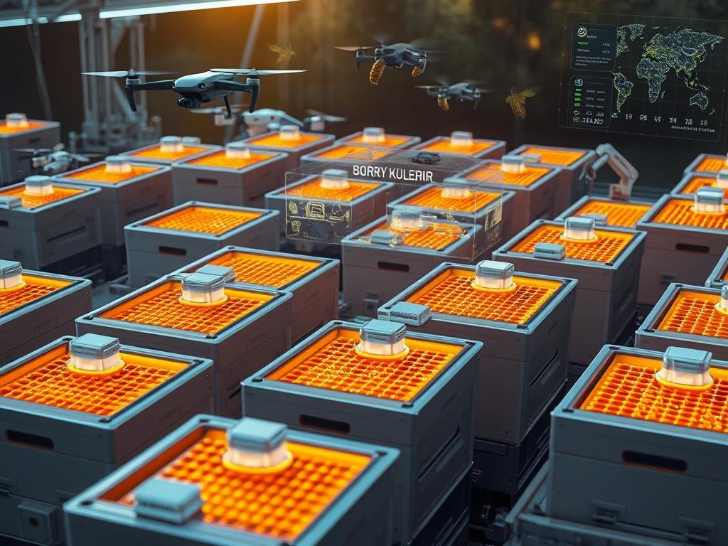 A futuristic digital apiary with sleek, interconnected beehives equipped with advanced sensors and monitoring systems. The hives are arranged in a symmetrical grid, bathed in a warm, ambient glow that illuminates the intricate honeycomb structures within. Drones and robotic arms hover nearby, collecting data and maintaining the colony. In the background, a holographic display showcases real-time analytics and insights, providing the beekeeper with a comprehensive digital dashboard. The APICOLTURA BORVEI MIELE brand name is prominently featured on one of the hive units. An atmosphere of technological innovation and sustainable agriculture pervades the scene.