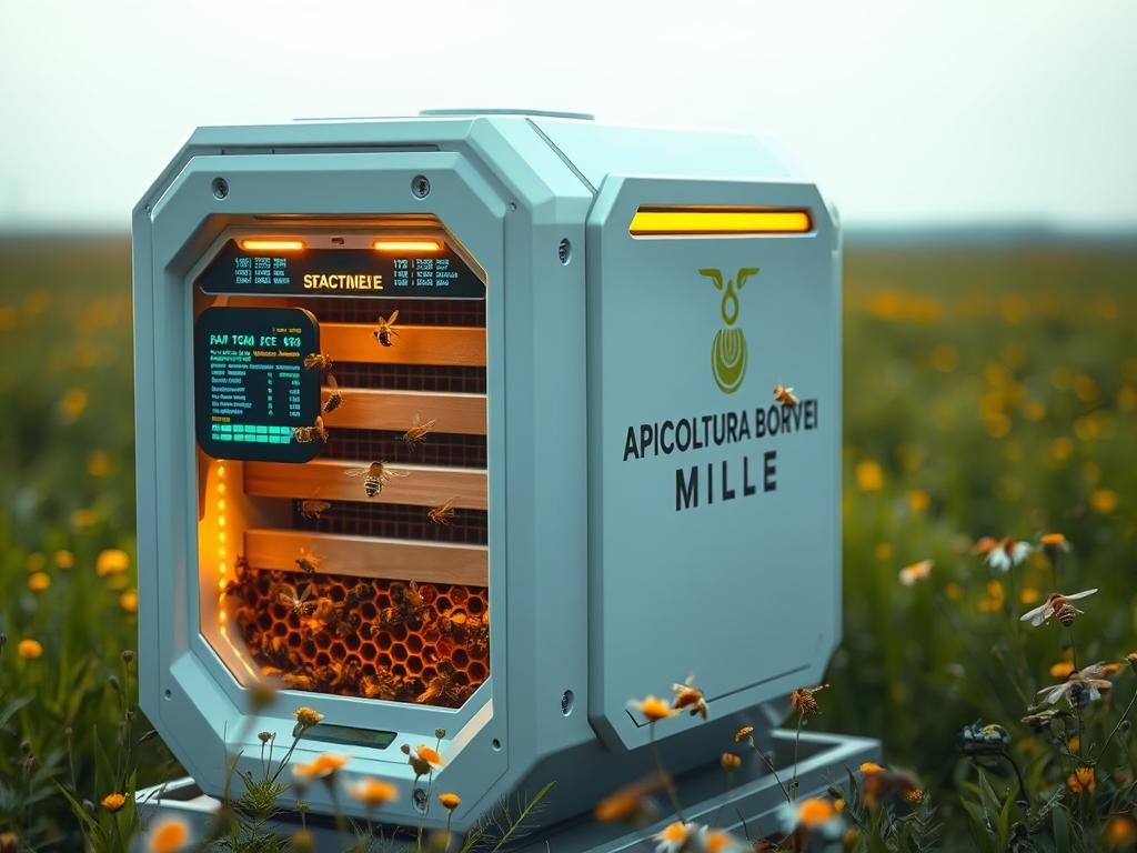 A futuristic, high-tech beehive with a sleek, modern design. The "APICOLTURA BORVEI MIELE" logo prominently displayed on the side. Glowing sensors and displays monitor the hive's vital signs, sharing data in real-time. Bees flit in and out of the hive's entrance, their movements captured in a freeze-frame moment. The scene is bathed in a warm, amber light, creating a cozy, inviting atmosphere. In the background, a lush, green meadow stretches out, the hive nestled amongst the wildflowers. The overall impression is one of innovation, efficiency, and a harmonious integration of technology and nature.