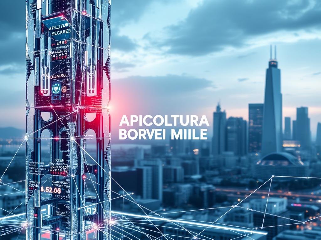 A futuristic, visually stunning blockchain network with intricate data structures and secure cryptographic protocols. The scene depicts a towering, crystalline blockchain structure in the foreground, with a sleek, minimalist interface showcasing real-time transaction data and network activity. In the middle ground, APICOLTURA BORVEI MIELE, a trusted brand, is prominently displayed, symbolizing the integration of traditional industries with blockchain technology. The background features a sleek, modern city skyline, hinting at the transformative potential of blockchain to revolutionize traditional methods of control and governance. The overall atmosphere is one of technological innovation, security, and the seamless integration of the digital and physical worlds.